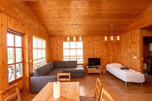 ein Wohnzimmer mit einem Sofa und einem Bett in der Unterkunft Gladheimar Cottages in Blönduós