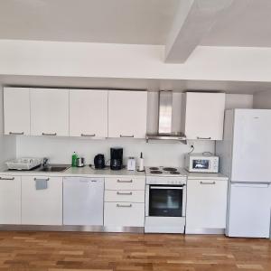 una cucina con armadietti bianchi e frigorifero bianco di Serene 1 bedroom apartment Oslo a Oslo