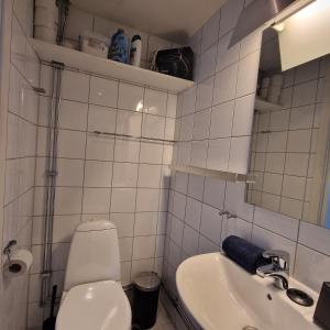 Baño blanco con aseo y lavamanos en Serene 1 bedroom apartment Oslo, en Oslo
