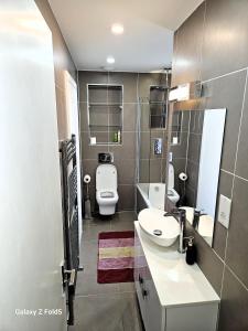 a bathroom with a toilet and a sink and a mirror at LONDON SLEEPHOUSE in London