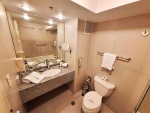 łazienka z toaletą, umywalką i lustrem w obiekcie NM Lima Hotel w mieście Lima