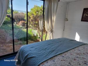 een slaapkamer met een bed voor een raam bij La RUCA DEL VIAJERO in Valdivia