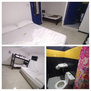 três fotografias de um quarto com uma cama e uma casa de banho em HOTEL VISTA AL MAR habitacion para 5 em Rodadero