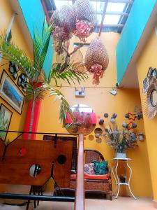 a living room with plants and chandeliers at Stylus Hotel in Iquitos