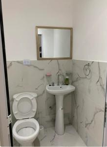 La salle de bains blanche est pourvue de toilettes et d'un lavabo. dans l'établissement Apartamento Entero a minutos del aeropuerto, à Ezeiza