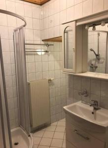 y baño blanco con lavabo y ducha. en Turmhaus Trieben Wohnung 2, en Trieben