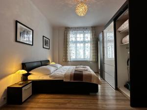 1 dormitorio con cama y lámpara de araña en Apartment Karla Capka Street, en Karlovy Vary