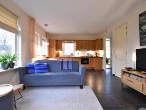 ein Wohnzimmer mit einem blauen Sofa und einer Küche in der Unterkunft Vrijzicht in Zuidwolde