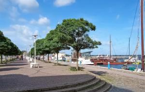 a sidewalk with a tree next to the water with boats at 1 Bedroom Beautiful Home In Barth in Barth
