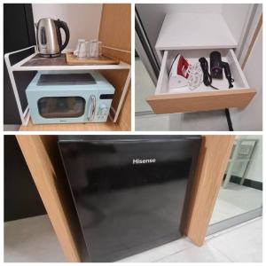 a collage of three pictures with a microwave and a microwave at Tiny Studio Suite Near Gleneagles 10 mins to KLCC in Kuala Lumpur