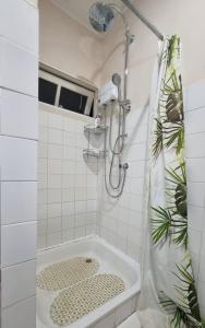 a white bathroom with a shower and a tub at Villa Tutilia in Willemstad