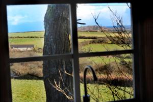 a window view of a tree and a field at Scandi Cabin On A Hill, With Stunning Views Across Cornwall in Nancledra +33 photos