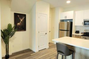 埃德蒙頓的住宿－Cozy 3 bedroom townhouse in downtown Edmonton，厨房配有白色的柜台和冰箱。