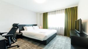 - une chambre avec un lit, un bureau et une télévision dans l'établissement Richmond Hotel Kagoshima Tenmonkan, à Kagoshima