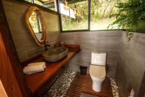 a bathroom with a sink and a toilet and a mirror at Owl's Watch Nature Retreat in Manizales