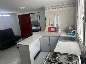 eine kleine Küche mit einer Spüle und einem Herd in der Unterkunft Apartaestudio con Baño y Cocina Apto para Mascotas in Pereira