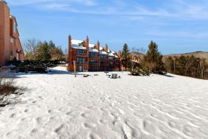 un bâtiment dans la neige avec des empreintes de pied dans la neige dans l'établissement White Birch at Nordic Village, à Bartlett