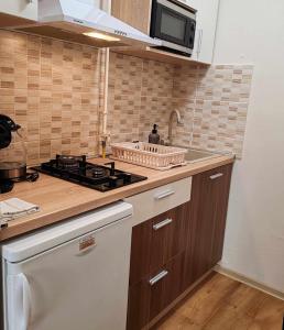 a kitchen with a sink and a stove at Tó Apartman Gunarasfürdő in Dombóvár