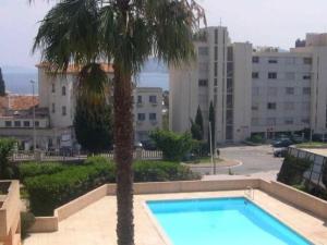 un palmier installé à côté d'une piscine dans l'établissement Appartement Le Lavandou, 3 pièces, 6 personnes - FR-1-251-761, au Lavandou