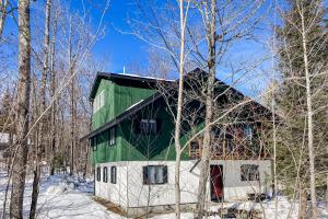 ein grünes und weißes Gebäude im Wald in der Unterkunft Wandering Creek Ski Chalet in Stratton Mountain