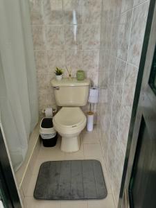 une petite salle de bains avec toilettes et tapis dans l'établissement Villa San Carlos, à Villa de Leyva