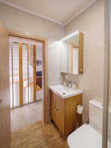 a bathroom with a sink and a toilet and a mirror at Kleopatra's maisonette in Gázion