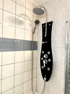 a shower with a black guitarophoneophonecussion instrumentcussioncussioncussioncussioncussionociation at Appartement Entier Montespan - Parking Privé in Évry-les-Châteaux