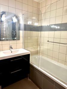 a bathroom with a sink and a shower and a tub at Appartement Entier Montespan - Parking Privé in Évry-les-Châteaux