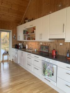 a kitchen with white cabinets and black counter tops at Unique private cabin in Lofoten in Leknes +21 photos