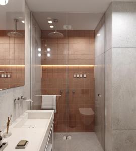 a bathroom with a shower and a sink at 48Old City Hotel in Beer Sheva