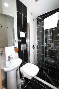 La salle de bains est pourvue d'un lavabo, de toilettes et d'une douche. dans l'établissement Metrohill Hotel, à Istanbul