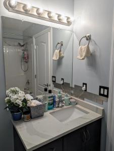 a bathroom with a sink and a large mirror at The Love Love Stay in Edmonton