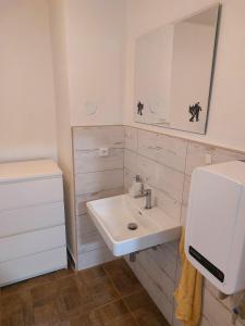 a white bathroom with a sink and a mirror at U Dvou rysů in Zdíkov