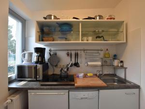 eine Küche mit einer Spüle und einer Mikrowelle in der Unterkunft Lavish Apartment in Kl tz with Beach nearby in Klütz