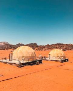 two domes in the middle of the desert at Desert Flower Camp Wadi Rum in Wadi Rum