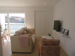 a living room with a couch and a tv at Apartamento Centinela Do Mar in O Pindo