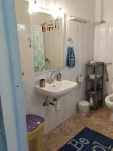 bagno con lavandino, servizi igienici e specchio di Calliope's house a Lisso (Lipsoi)