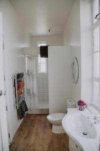 een witte badkamer met een toilet en een wastafel bij Postmasters Apartment Motueka in Motueka