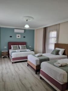 two beds in a room with blue walls at Sezgin Boutique Hotel in Kuşadası