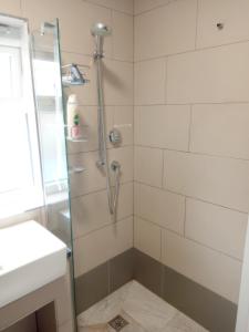 a bathroom with a shower with a glass door at Luxurious En-suite Soft Water Air Conditioning TV ETHERIUM in London