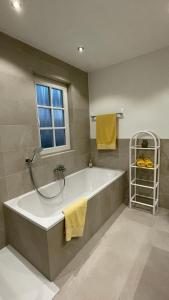 Gattières的住宿－Le Domaine de Gattières，带浴缸和窗户的大浴室