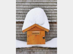 Haldenmichelhof Ferienwohnungen في بريتناو: منزل طيور مغطى بالثلج على جانب المنزل