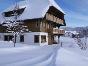 ein großes Holzhaus mit Schnee auf dem Boden in der Unterkunft Haldenmichelhof Ferienwohnungen in Breitnau