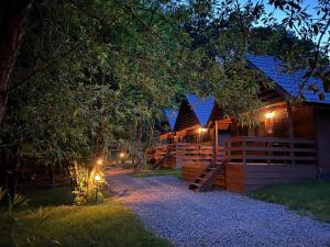 a cabin with a fence and a staircase in front of it at night at Bieszczady Kameralnie in Uherce Mineralne (7)