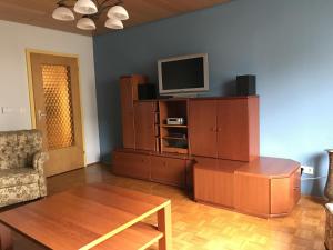 a living room with a tv on top of a cabinet at Business Apartment in Weiden