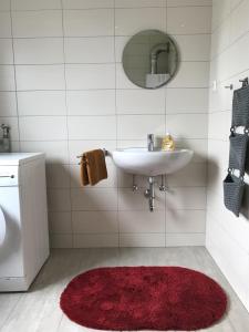 a bathroom with a sink and a red rug at Business Apartment in Weiden