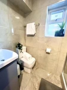 a bathroom with a toilet and a sink and a window at Modern 2 bed close to mall with parking & garden in Golders Green