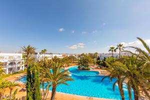 an aerial view of a resort swimming pool with palm trees at Hotel Calimera Fido Gardens in Cala d´Or