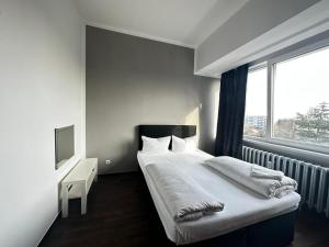 a bedroom with a large bed with a window at Ootel.com in Berlin