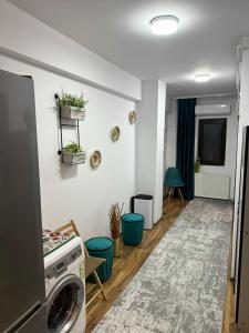 a laundry room with a washer and dryer on a wall at Apartament Central, Năsăud in Năsăud
